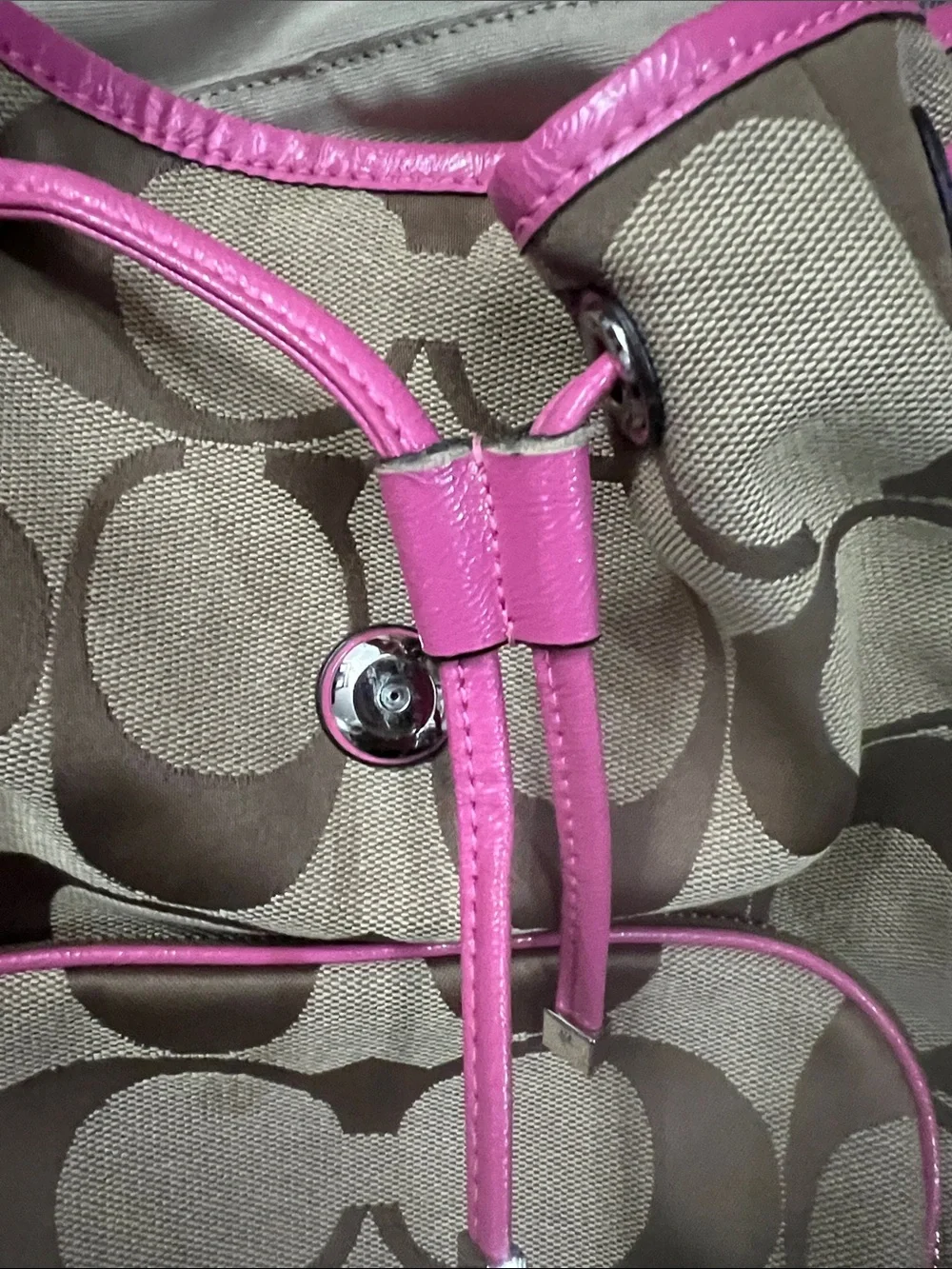 Coach Brown Signature Canvas Backpack with Pink Trim